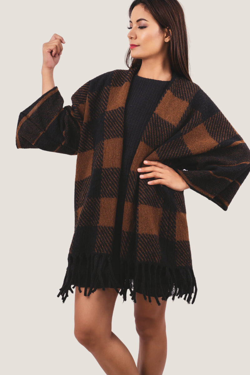 Dunkelbrauner Cardigan-Poncho mit Quastensaum