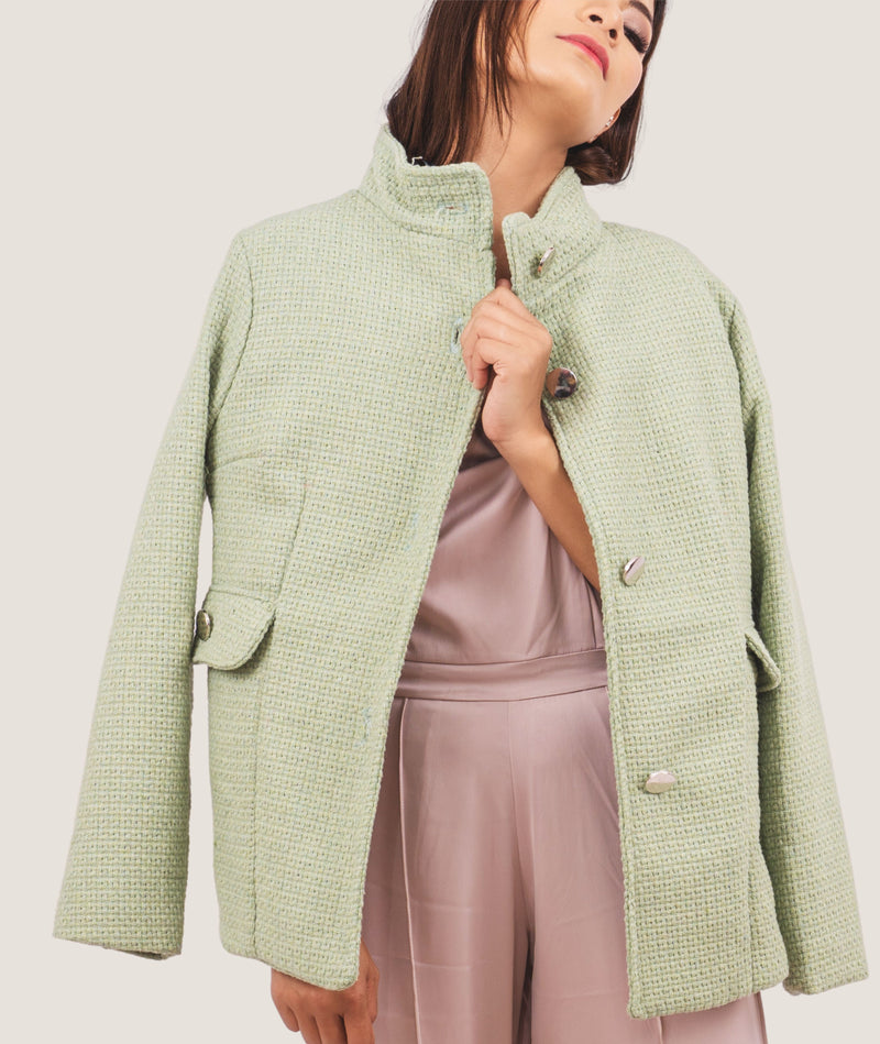 Blazer a collo alto in tweed verde menta